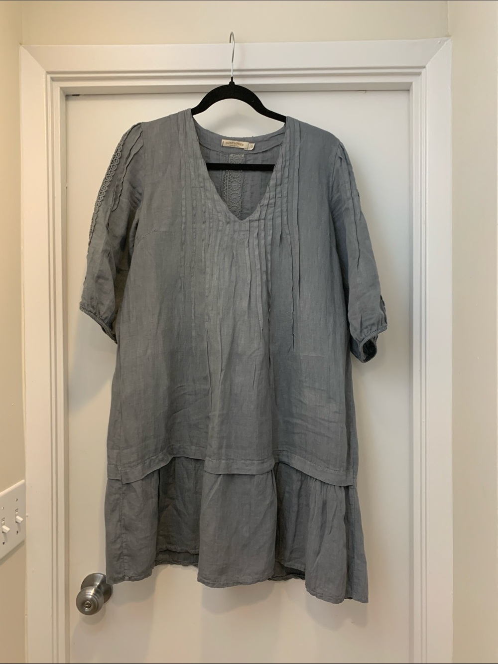 Relaxed V-Neck Tiered 100 % Linen Dress in Dusty Blue grey.